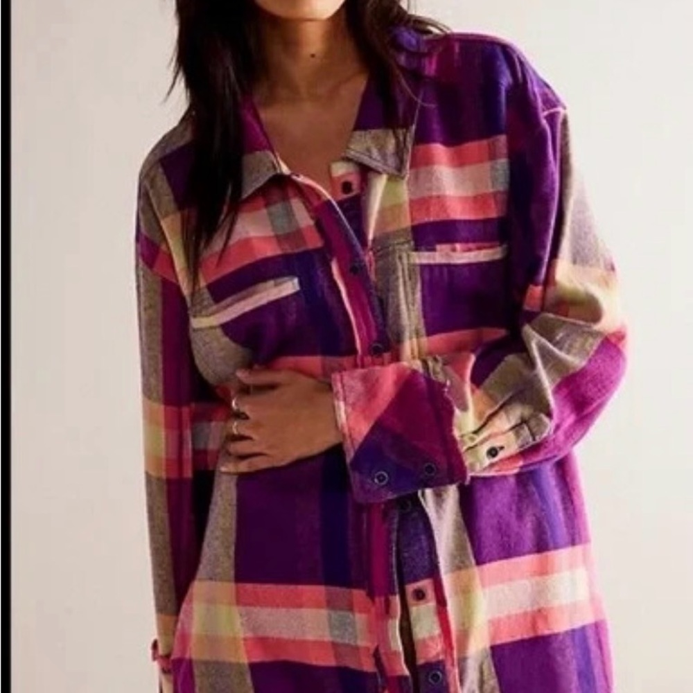 We The Free Pink and Purple Plaid Shirt Jacket